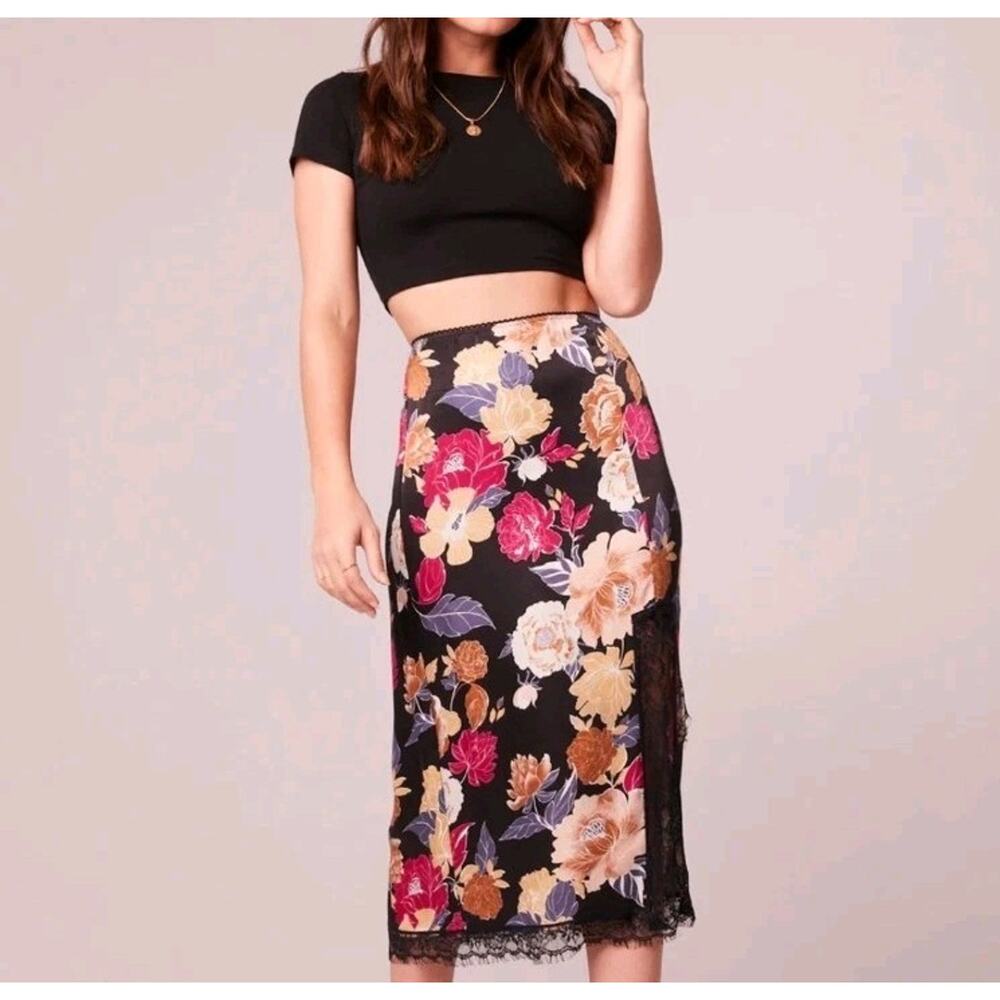 BAND OF THE FREE Lilou Black Floral Slip Lace Skirt Slit Midi‎ Size Medium